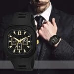 Analogue fashionable men’s watch – black strap front view