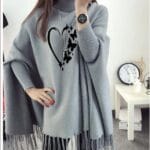 Women’s grey poncho cape shawl with heart print design