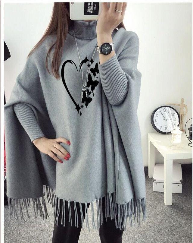 Women’s grey poncho cape shawl with heart print design