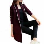 Women’s stitched fleece lapel coat in maroon – front view