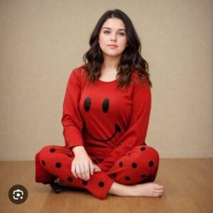 Red printed cotton jersey night suit for women – front view
