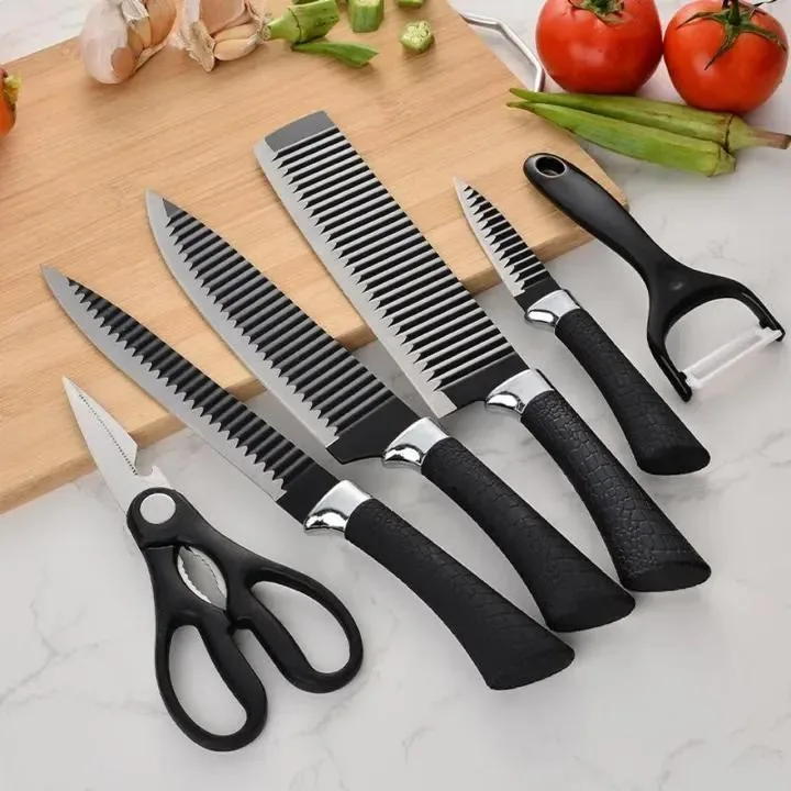 6 pcs wooden knife block – stainless steel knives black finish