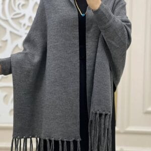 Folded grey fleece shawl showing plain design
