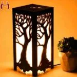 Wooden side table lamp with dark brown finish and golden light