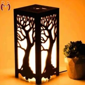 Wooden side table lamp with dark brown finish and golden light