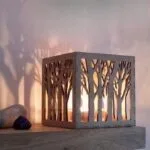 Tree design laser-cut wooden table lamp – dark brown MDF with golden light