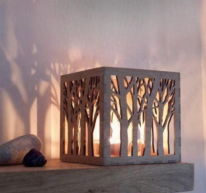 Tree design laser-cut wooden table lamp – dark brown MDF with golden light