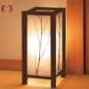 Branch motif wooden table lamp with golden light – dark brown MDF