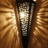 Scone shaped wooden wall hanging lamp – dark brown MDF with golden glow