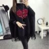 Black cotton poncho for women and girls with heart and butterfly print