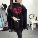 Black cotton poncho for women and girls with heart and butterfly print