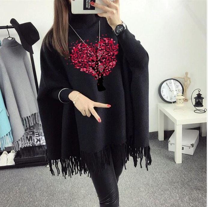 Black cotton poncho for women and girls with heart and butterfly print