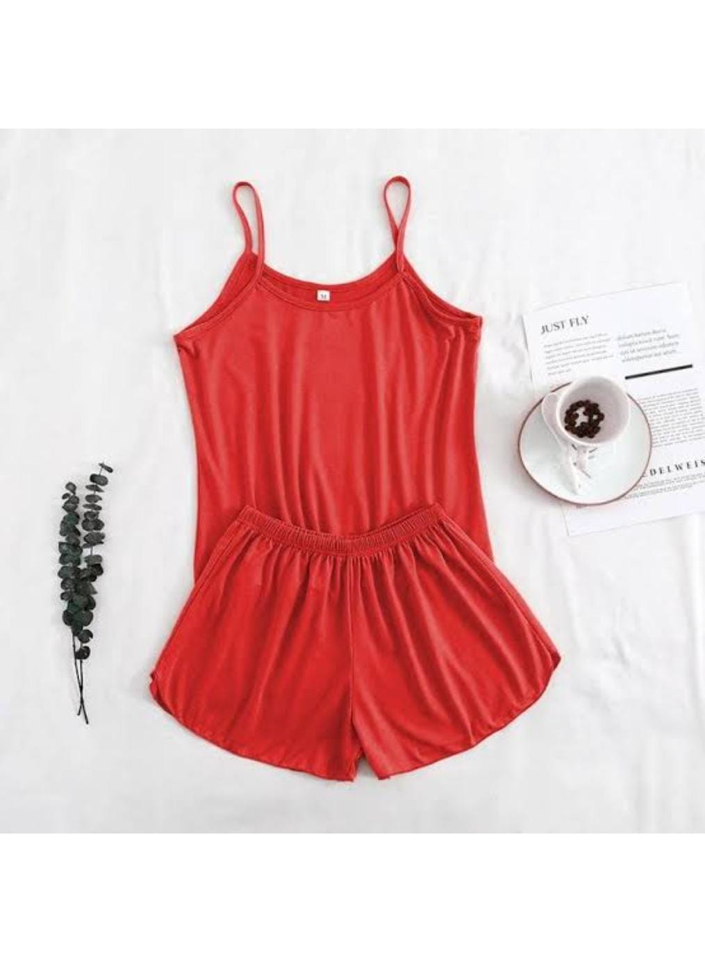 Red cotton jersey camisole set with tank top and shorts