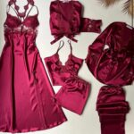 Women’s 6 piece silk v-neck night suit set – full collection