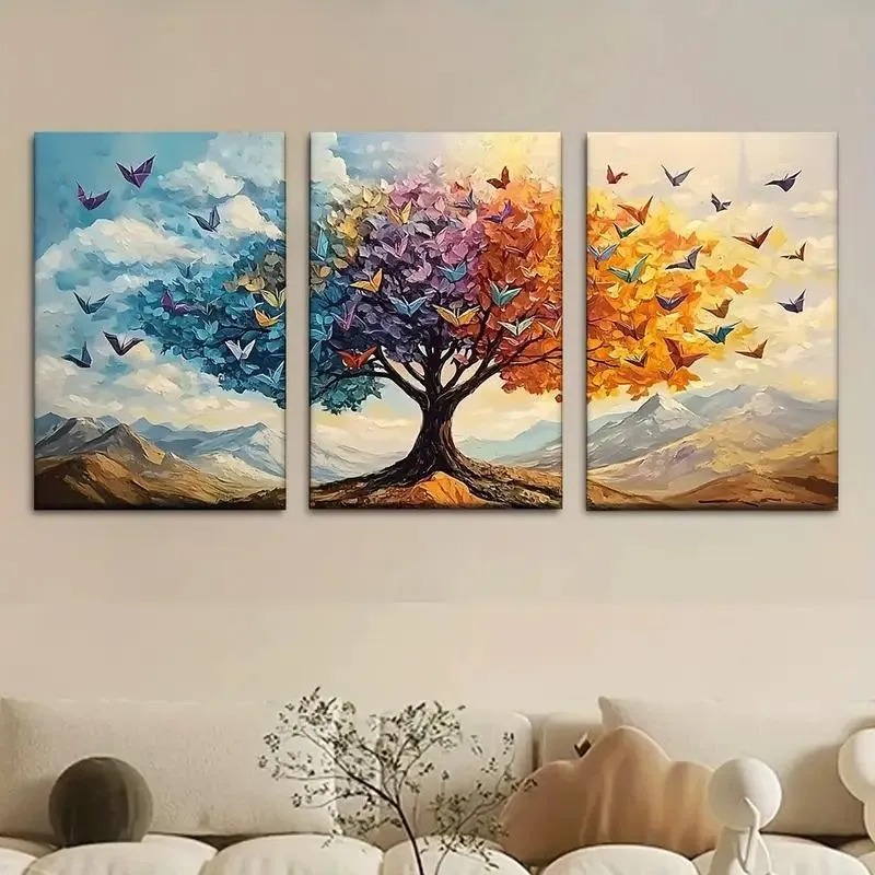 Tree design wooden wall frame set – 3 pcs multicolor décor