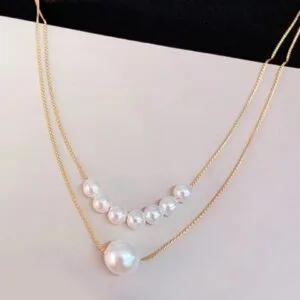 Women’s 2 layered gold plated pearl necklace front view