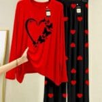 Women’s printed cotton jersey night suit in red front view