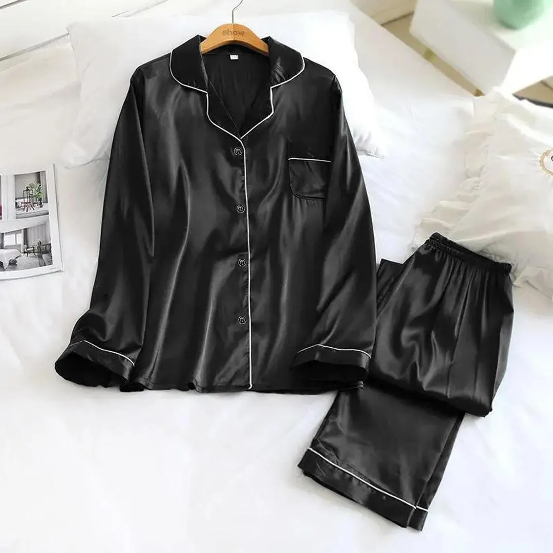 Black silk plain night suit for women – 2 pcs set