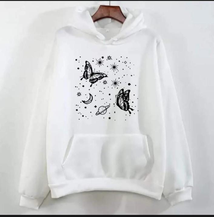 Women’s white fleece printed pullover hoodie – front view