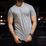Men’s grey jersey t-shirt front view – plain round neck