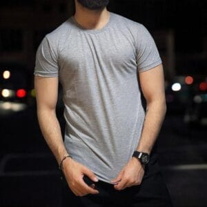 Men’s grey jersey t-shirt front view – plain round neck