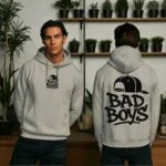 Men’s grey fleece printed hoodie – front view