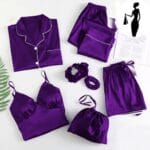 Purple silk lace camisole set with top, trousers, and shorts