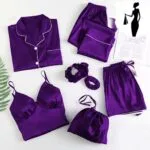 Purple silk lace camisole set with top, trousers, and shorts