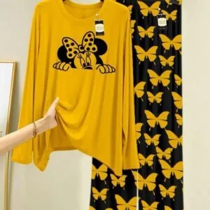 Women’s printed cotton jersey night suit in yellow front view
