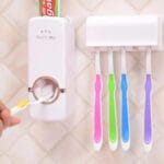 White toothpaste dispenser and brush holder set – 2 pcs