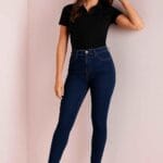 Classic dark blue skinny jeans front view – women’s denim