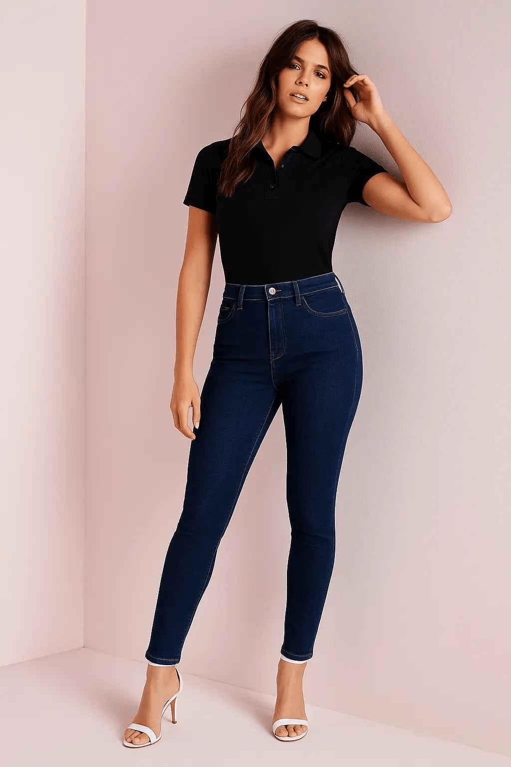 Classic dark blue skinny jeans front view – women’s denim
