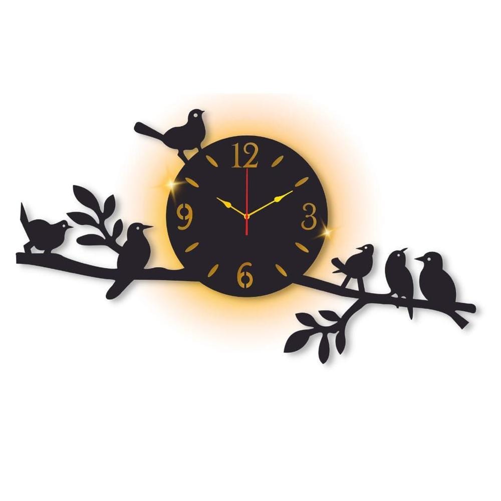 Modern wall clock with light – laminated chipboard, laser-cut details