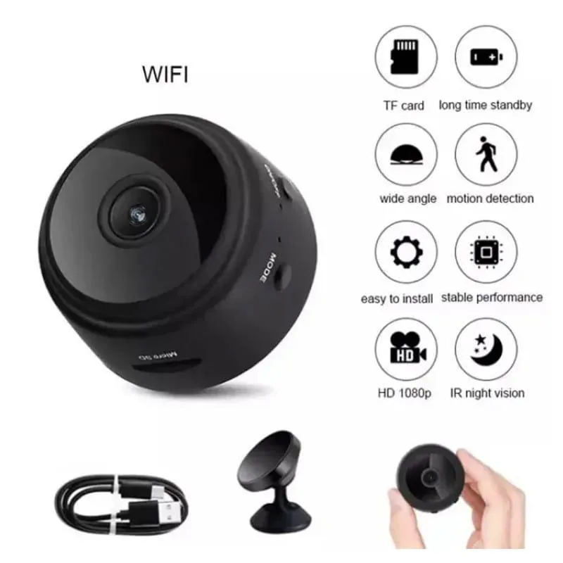 Portable surveillance camera with wide-angle lens features