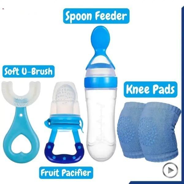 4 in 1 baby accessories set – spoon feeder, fruit pacifier, knee pads, U-shaped toothbrush