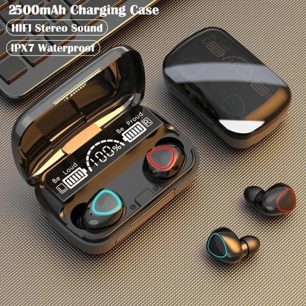 Black fast charge wireless earbuds with long battery life