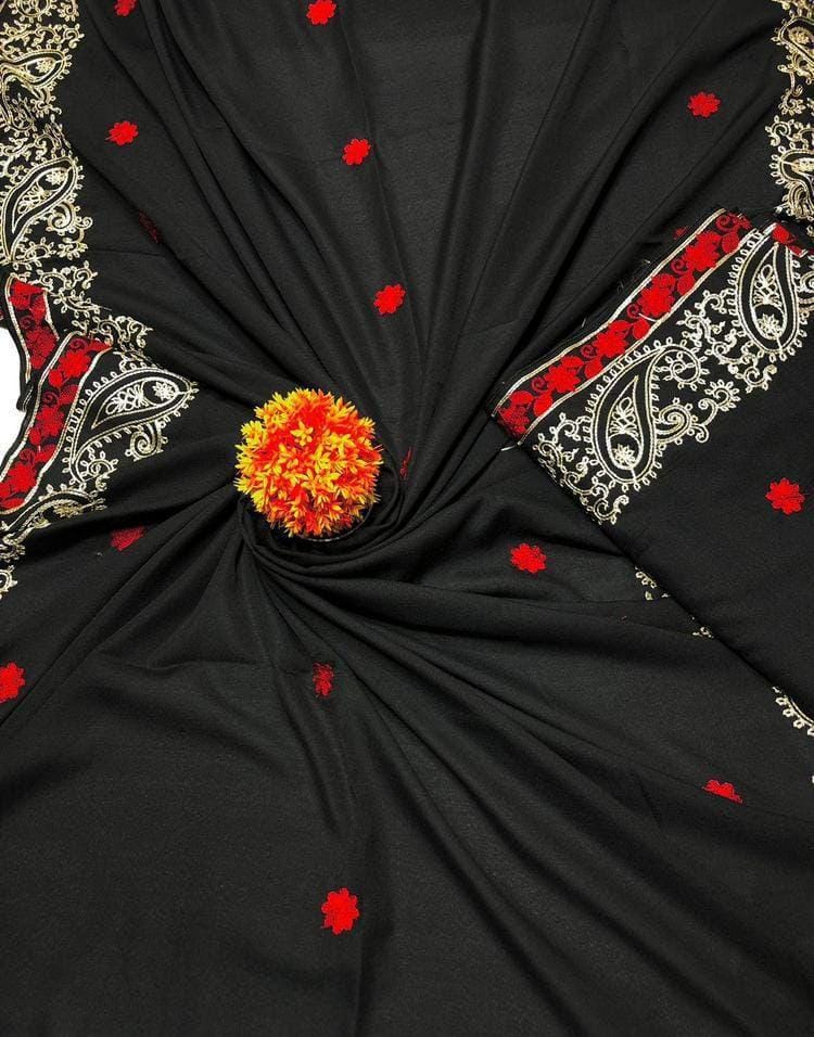 Women’s black Swiss embroidered shawl front view