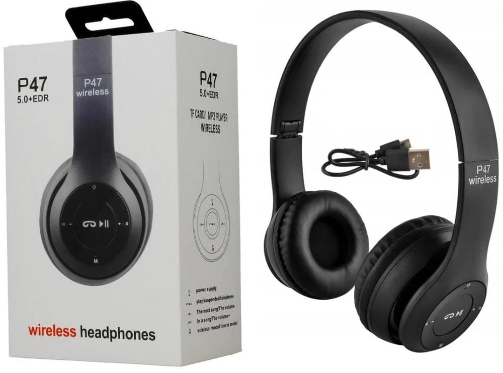 Black wireless stereo headphones with foldable design black