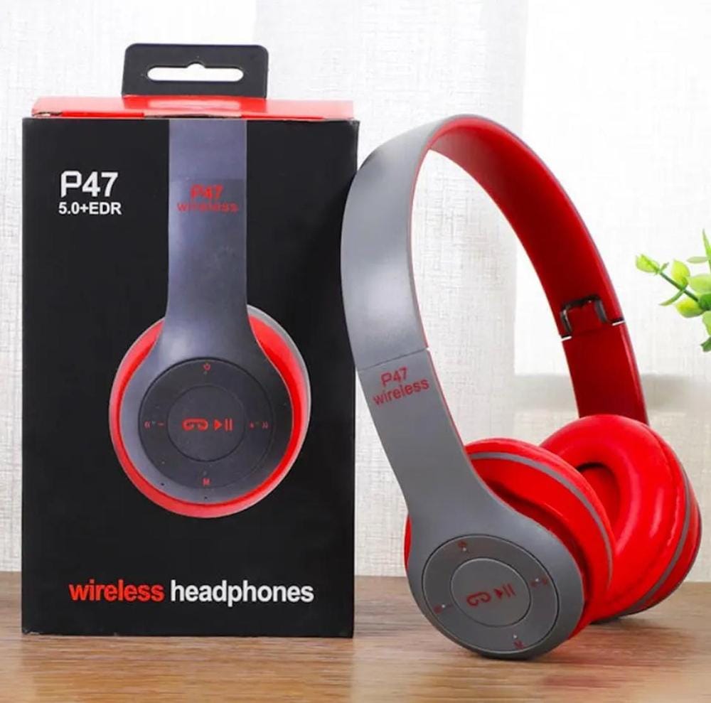 Red stereo headphones with Bluetooth and Aux support