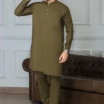 Men’s green wash & wear plain shalwar kameez – front view