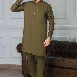 Men’s green wash & wear plain shalwar kameez – front view