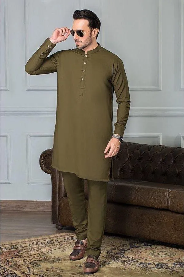 Men’s green wash & wear plain shalwar kameez – front view