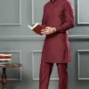 Men’s maroon wash and wear plain shalwar kameez – front view