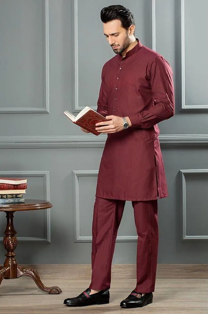 Men’s maroon wash and wear plain shalwar kameez – front view