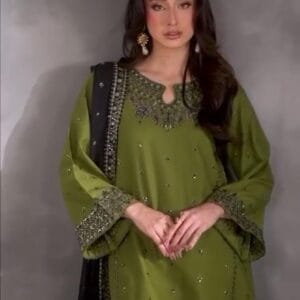 Green embroidered linen 3 piece suit with organza dupatta – front view