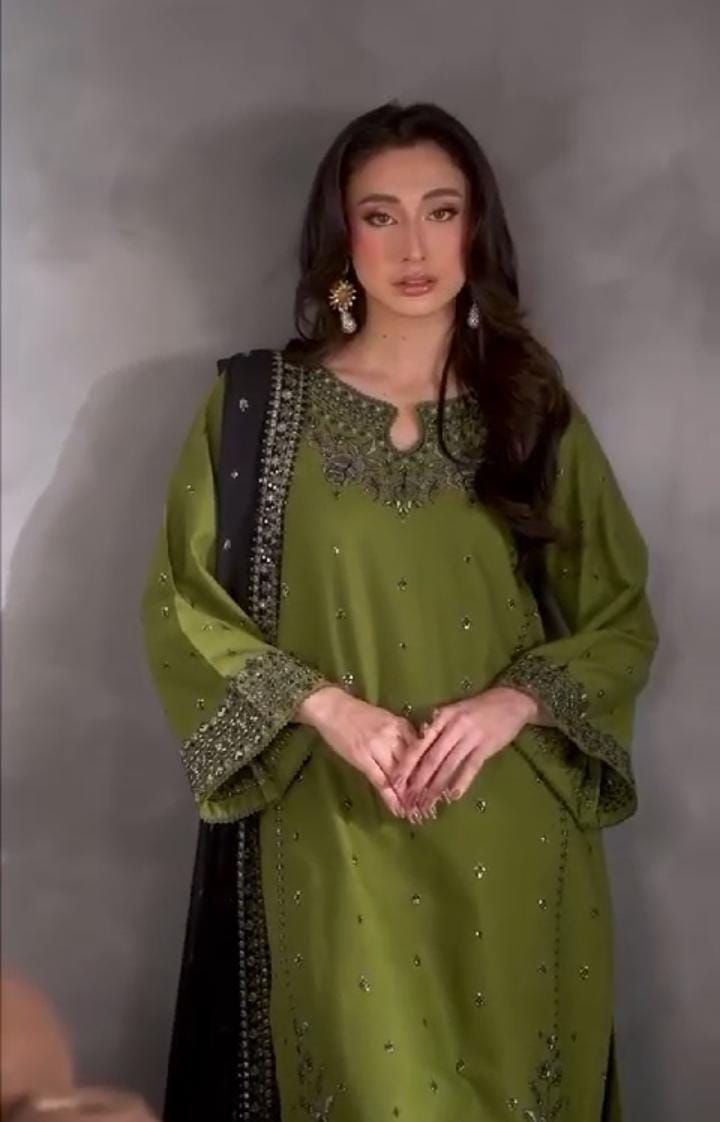 Green embroidered linen 3 piece suit with organza dupatta – front view