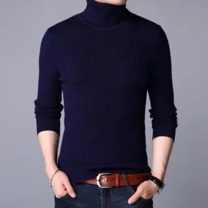 Men’s ribbed plain highneck – blue front view