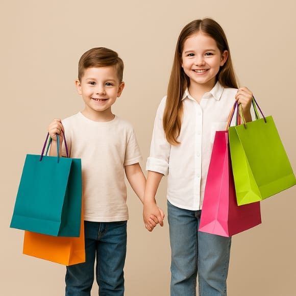 Fashion 4 Kids’ shopping – happy children holding colorful shopping bags