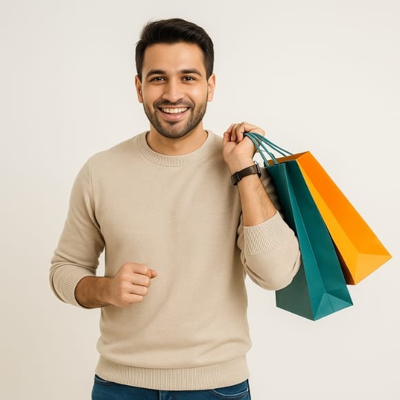 Fashion 2 Men’s fashion – shopper with teal and orange bags on neutral background
