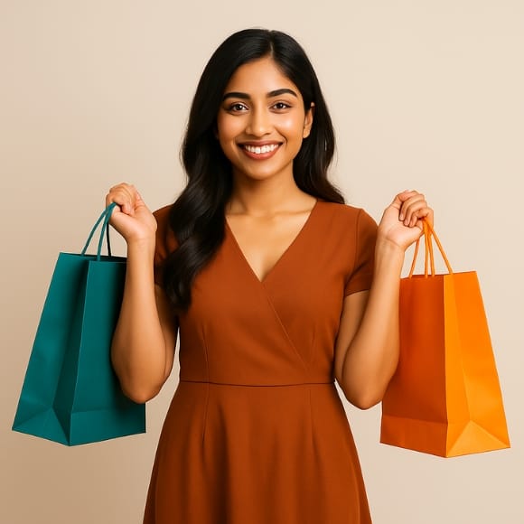 Fashion 3 Women’s fashion – shopper with teal and orange bags on neutral background